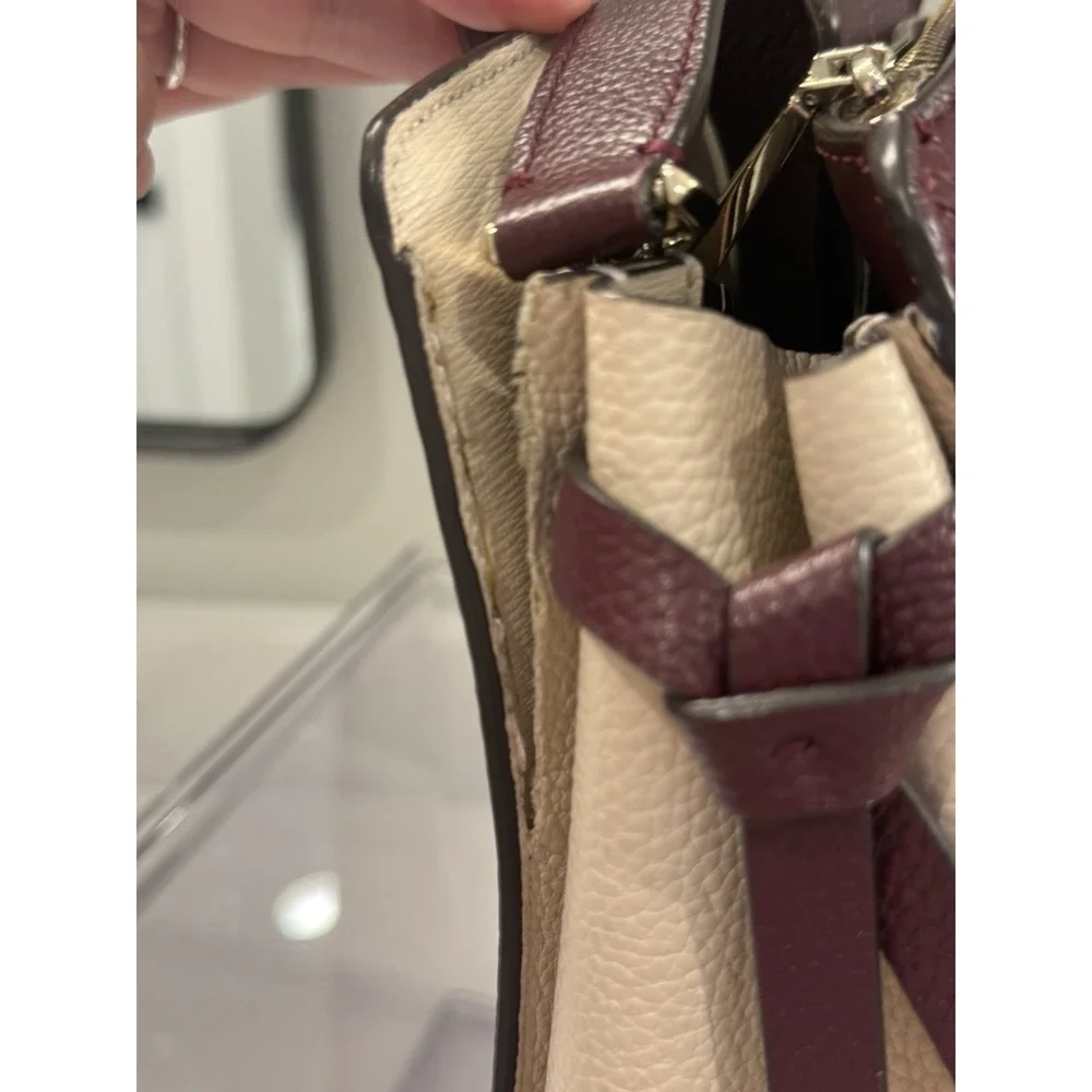Kate Spade New York Woven Satchel Top Handle Bag Burgundy Cream Gold Hardware